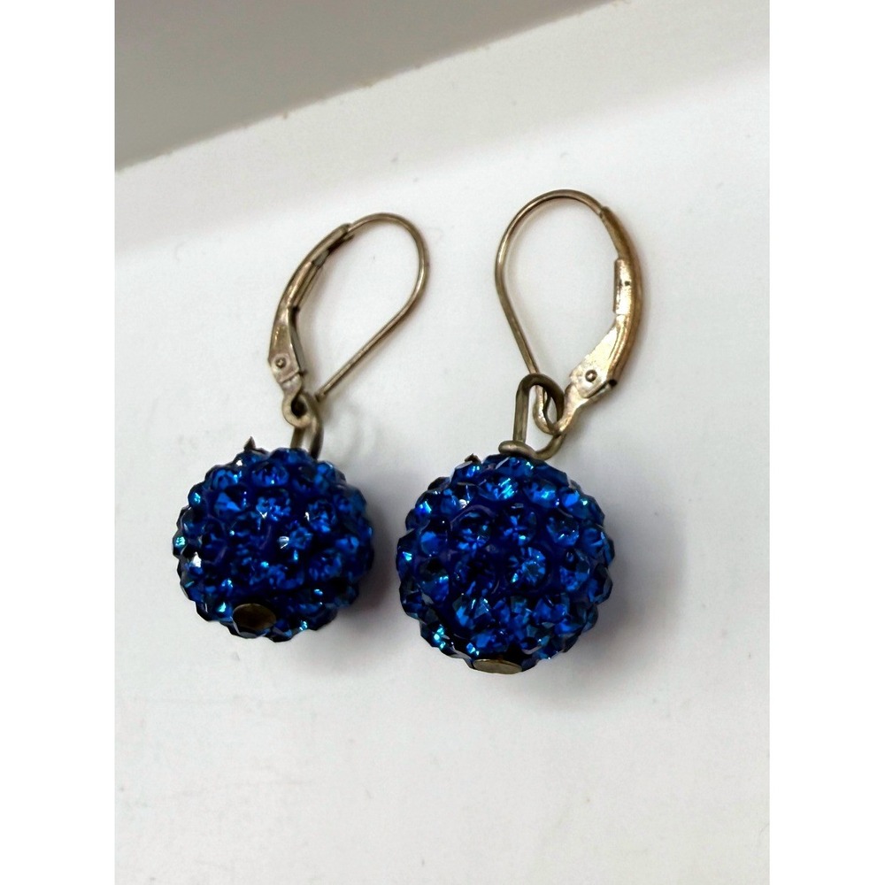 Sterling Silver 925 Royal Blue Crystal Disco Ball Leverback Drop Earrings